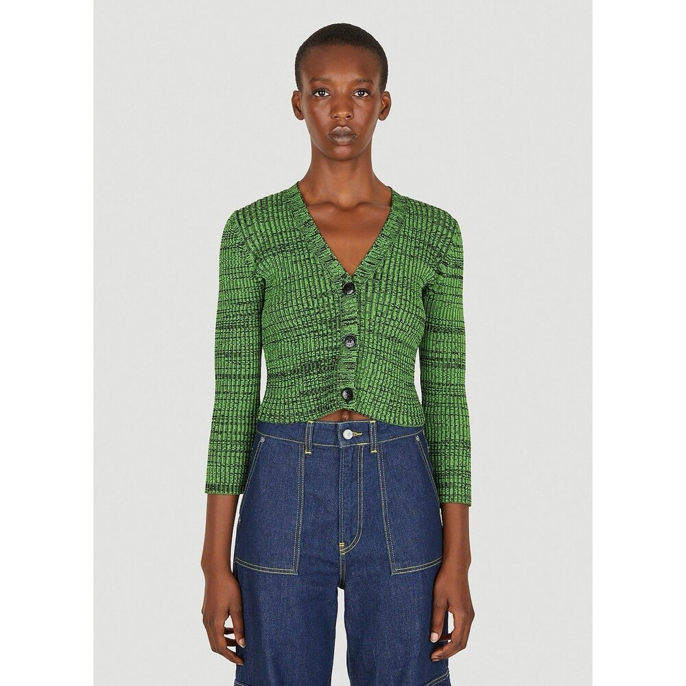 Ganni Womens Melange Cardigan Size Large Ribbed Knit Cropped Green Stretch